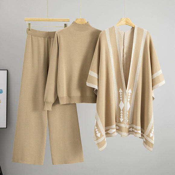 Lazy Wind Mid Collar Pullover Sweater Outer Wear Shawl Cape Coat Wide Leg Pants Three Pieces