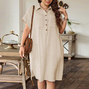 Plus Size Summer Women Loose Casual Shirt Dress Turn down Collar Short Sleeve Solid Color Dress