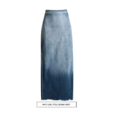 Summer Gradient Color Washed Frayed Hem Split Sexy Slimming Sheath Denim Skirt