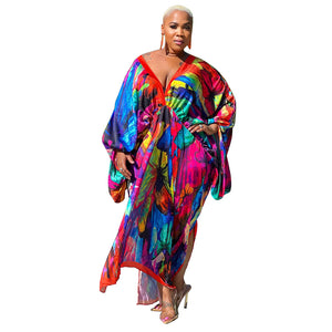Women V Neck Dress Long Sleeve Silk Printed Dress