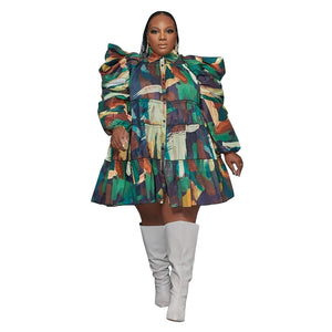 Plus Size Women Clothes Printed Ruffled Button Dress Shirt Dress