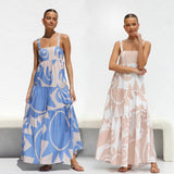 Spring Summer Simple Printing Suspenders Large Swing Dress