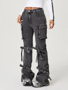 Women Clothing Straight Mid Elastic Tooling Large Pocket Jeans