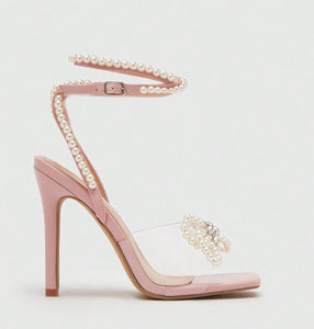 High Heel Sandals Women Heels Heart Pearl Rhinestone Bowknot 11cm Stiletto Square Toe Shoes