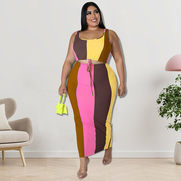 Plus Size Fall Women Clothing Color Matching Skirt Sets
