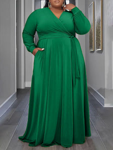 Plus Size Women Clothing Spring Elegant Design Cross Collar Waist-Slimming Maxi Dress