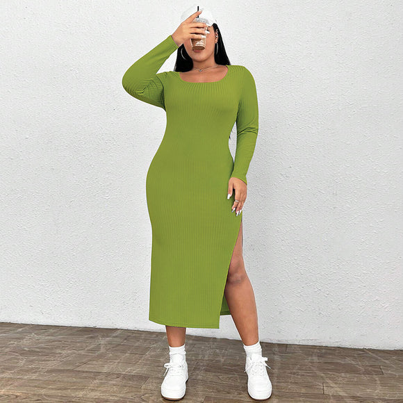 plus Size Women Clothes Autumn Winter Slim Hip Split Square Collar Knitted Long Sleeved Dress