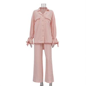 Cotton Suit Women Collared Bell Sleeve Casual Shirt Lace up Wide Leg Pants Two Piece Set