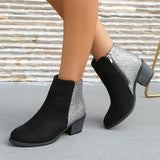 Glossy Fabric Back Stretch Microfiber Big Foot Back Chunky Heel Side Zip Low Cut Boots Women Boots