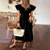 Spring Black Elegant French Overknee Ruffled Short Sleeves Square Collar Slimming Backless Dress