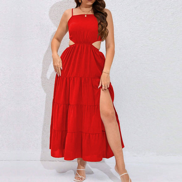 Plus Size Women Clothes Sexy Backless Waist Trimming Large Swing Tiered Dress Beach Dress Maxi Dress