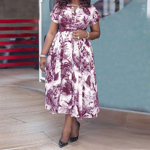 Plus Size Women Printed Stand Collar Belt Dress