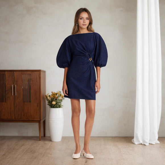 Puff Sleeve Word Collar Twisted Metal Buckle Embellished Decorative Imitation Denim Ladies Dress High End