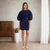 Puff Sleeve Word Collar Twisted Metal Buckle Embellished Decorative Imitation Denim Ladies Dress High End