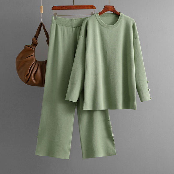 Solid Color Knitted Sweater Women Autumn Winter Loose Casual Two Piece Set