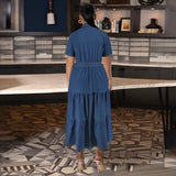 Plus Size Women Clothing Collared Button Long Pocket Short Sleeve Long Pattern Dress