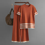 Contrast Color Striped Slit Short Sleeve Sweater High Waist Slimming Wide Leg Pants Trousers Casual Two Piece Set