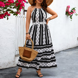 Plus Size Halter Sleeveless Printed Dress Vacation Bare Back Sexy Maxi Dress Women