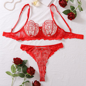 Sexy Push up Steel Ring Bra Set French Mesh See through Sexy Underwear Two Piece