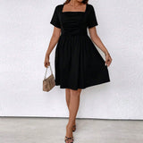 plus Size Women Clothes Spring Summer Shein Square Neck Cinched Short Sleeve Dress