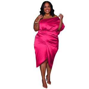 Plus Size Women Nightclub Pleated Zipper Asymmetric Single Side Sleeve Light Dress