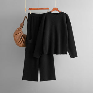Round Neck Loose Knitting Set Women Autumn Winter Casual Wide Leg Pants Two Piece Set
