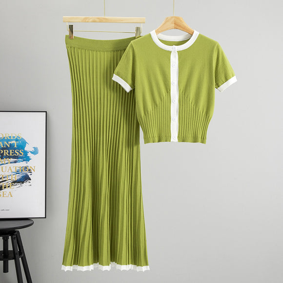 Preppy Color Contrast round Neck Short Sleeve Knitted Top High Waist Slimming Pleated Skirt Two Pieces Sets