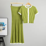 Preppy Color Contrast round Neck Short Sleeve Knitted Top High Waist Slimming Pleated Skirt Two Pieces Sets