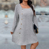 Plus Size Women Clothing Simple Elegant Dress Autumn Winter Square Collar All Match Office Mid Length