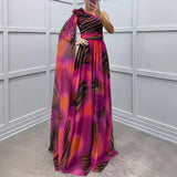 Autumn Winter Chiffon Printed Sloping Shoulder Dress Casual Loose Party Dress