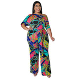 plus Size Women Clothes Spring Summer Mid Sleeve Left off Shoulder Jumpsuit Trousers