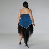 Plus Size Sling off Neck Women Clothing Denim Stitching Mesh Dress