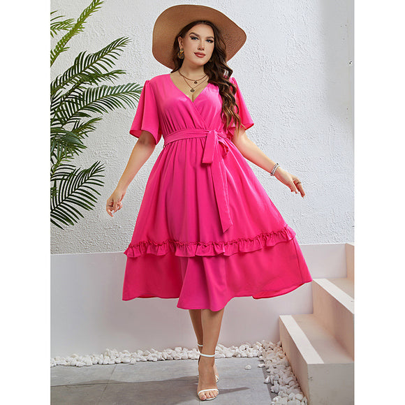 Plus Size Summer Rose Red V neck Half Cardigan Dress Women