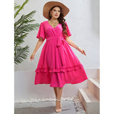 Plus Size Summer Rose Red V neck Half Cardigan Dress Women