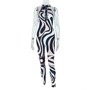 Personality Women Printed Wear Hollow Out Cutout out Slim Fit Sheath Jumpsuit Sleeveless Zebra Pattern Long Jumpsuit
