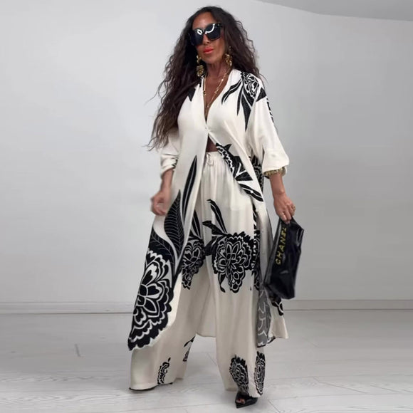 Summer Elegant Sexy Print Top Wide Leg Pants Two Piece Sets