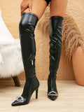 Boots Women Autumn Winter Metal Pointed Toe High Heeled Thigh Boot Stiletto Heel Side Zipper Slimming Fleece lined High Leg Boot