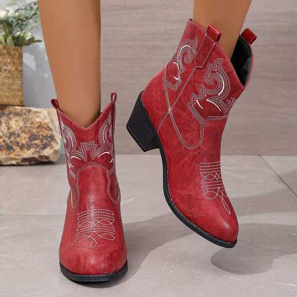 Pointed Embroidered Solid Color Chunky Heel Leather Boots Women Short Solid Color Slip on Knight Martin Boots