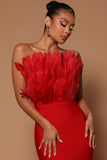 Brown Rose Red Tube Top Feather Backless Slim Fit Medium Length Bandage One Piece Dress