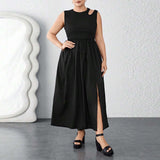 Plus Size Summer Round Neck Waist Trimming Split Maxi Dress Vest Sleeveless Stitching Dress