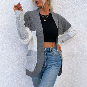 Autumn Winter Women Clothing Curved Large Pocket Knitwear Sweater Cardigan Coat Women