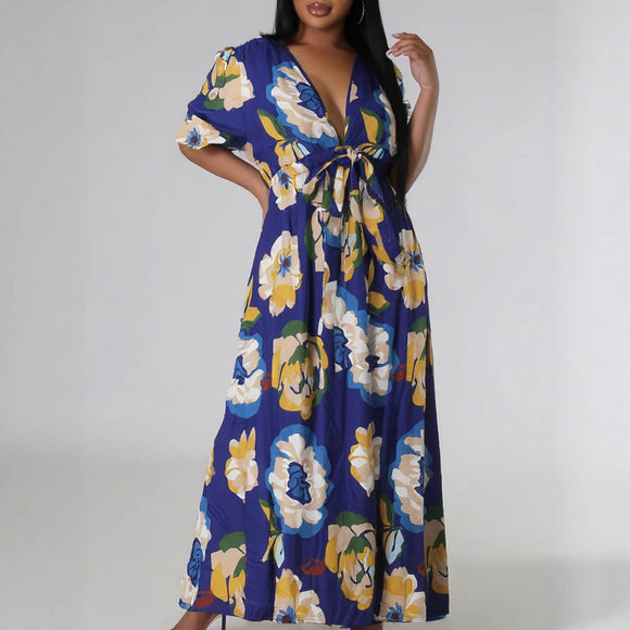 Women Clothing Elegant V neck Short Sleeve Long Pattern plus Size Waist Fitted Figure Flattering Dress