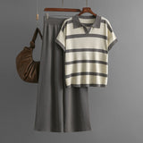 Summer Mixed Color Stripe Polo Collar Casual Short Sleeve Knitted Top Solid Color Loose Wide Leg Pants Two Piece Set