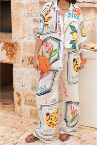 Personalized Graffiti Printed Loose plus Size Casual Shirt Wide Leg Pants Two Piece Sets