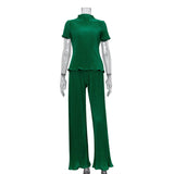Spring Slimming T shirt High Waist Blue Pleated Wide Leg Pants Casual Women Clothing Fashion Suit