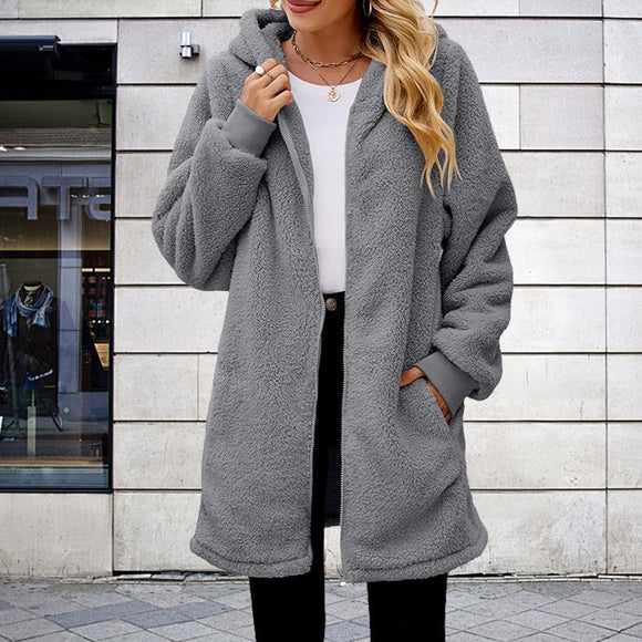 Plus Size Winter Loose Plush Women Long Sleeved Hooded Zipper Jacket