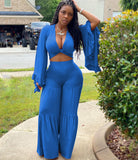 Women Clothing Long Sleeve Two Piece Suit Wide Leg Bell Bottoms Autumn Bandeau Sexy