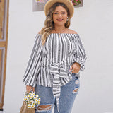 Plus Size Top Women Elegant Boat Neck Long Sleeve Printed Shirt Women