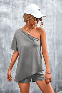 Women Clothing Summer Sexy Oblique Shoulder Irregular Asymmetric Shorts Suit