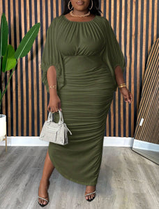 Plus Size Women Clothing Fashionable Elegant Solid Color round Neck Raglan Sleeves Fashionable Pleated Dress